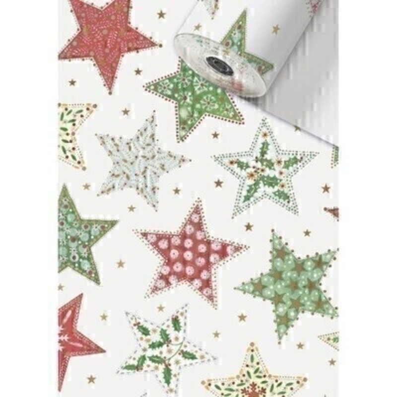 Red green and white festive stars Christmas roll wrap paper by Swiss designer Stewo. Bright white coated 80gsm Christmas wrapping paper. Approx size of roll 70cm x 2metres.
